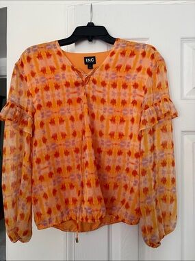 INC International Concepts Orange and Pink Patterned Ruffle-Sleeve Blouse